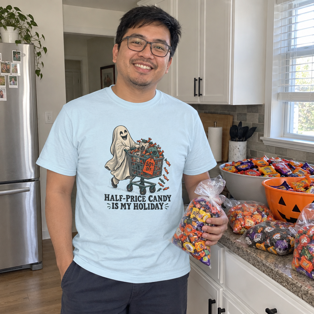 Man wearing the light blue Half-Price Candy Is My Holiday t-shirt in the kitchen with candy bags