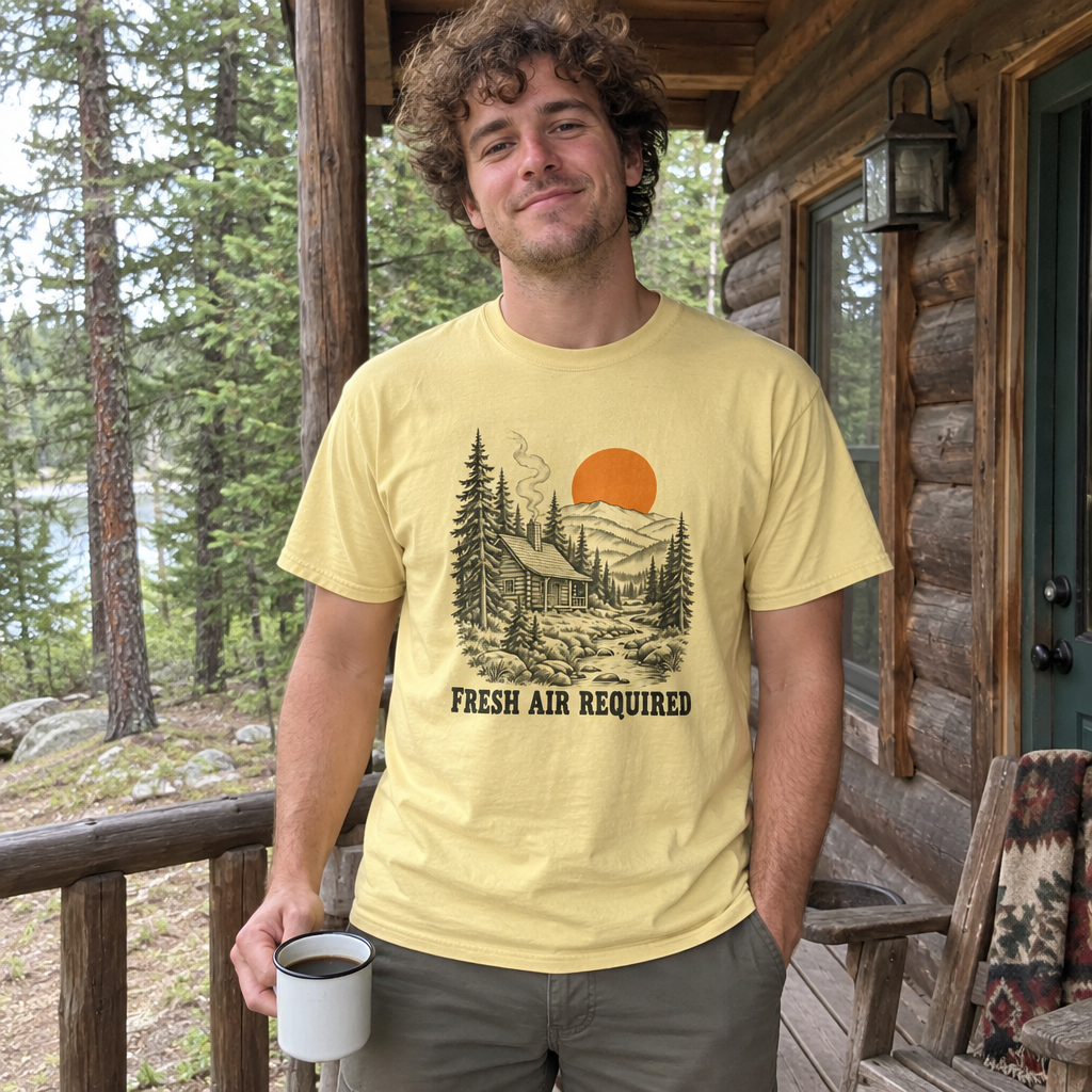Man wearing the butter yellow Fresh Air Required t-shirt on a log cabin porch with coffee