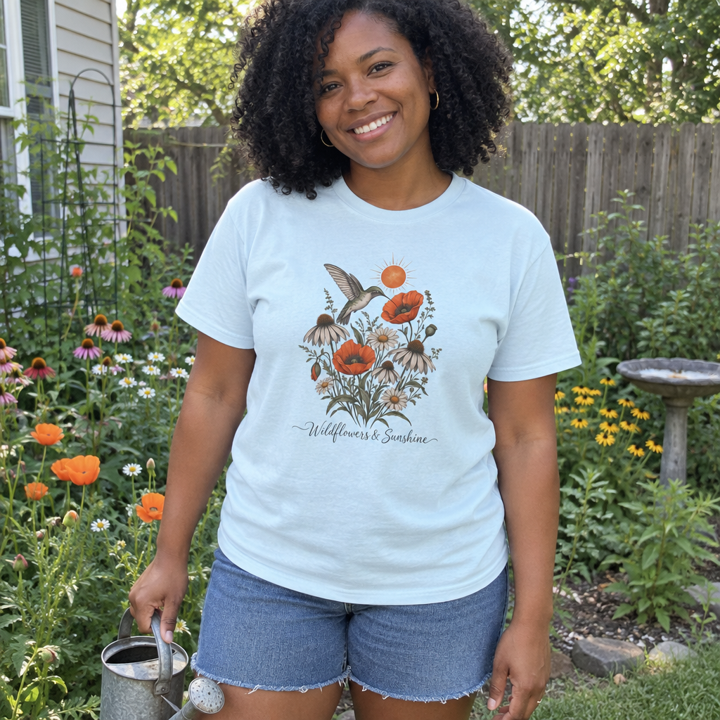 Woman wearing the light blue Wildflowers & Sunshine t-shirt in her backyard flower garden