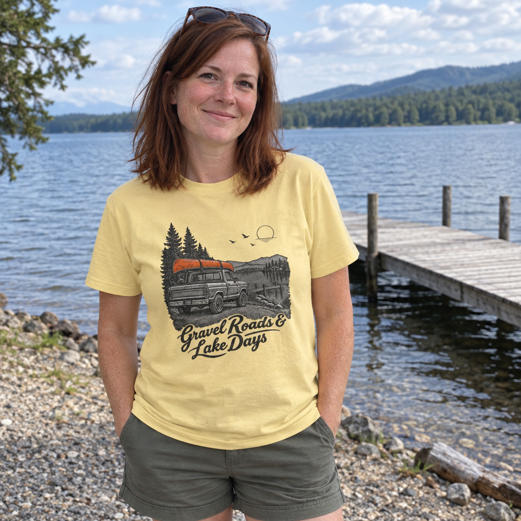 Woman wearing the butter yellow Gravel Roads & Lake Days t-shirt on a lakeshore by a dock