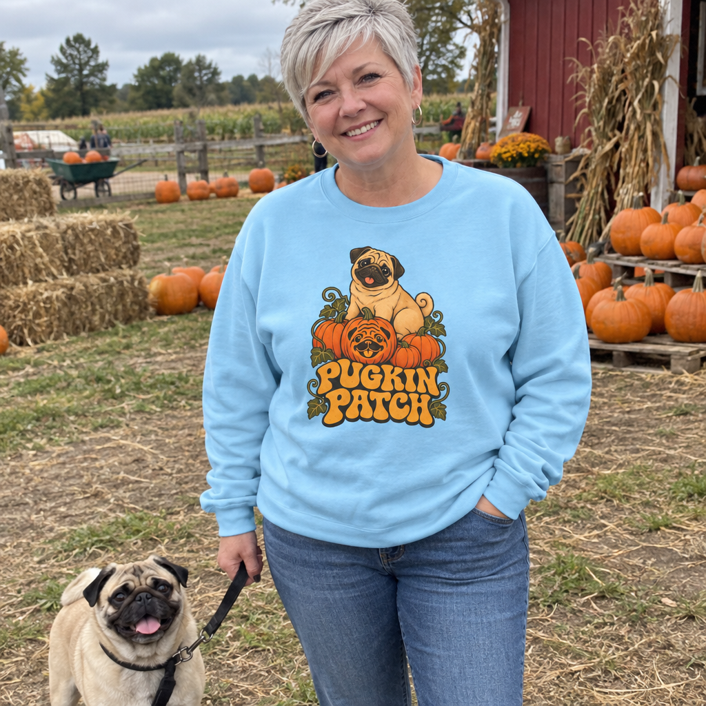Woman wearing the light blue Pugkin Patch sweatshirt at a pumpkin patch with her pug