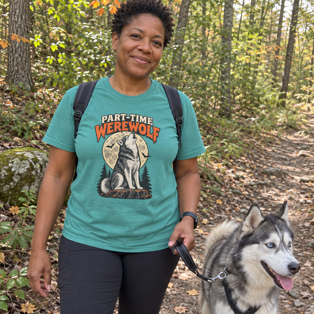 Woman wearing the Seafoam Part-Time Werewolf t-shirt hiking with her husky