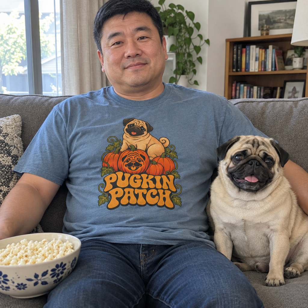 Man wearing the Blue Jean Pugkin Patch t-shirt on the couch with his pug and popcorn