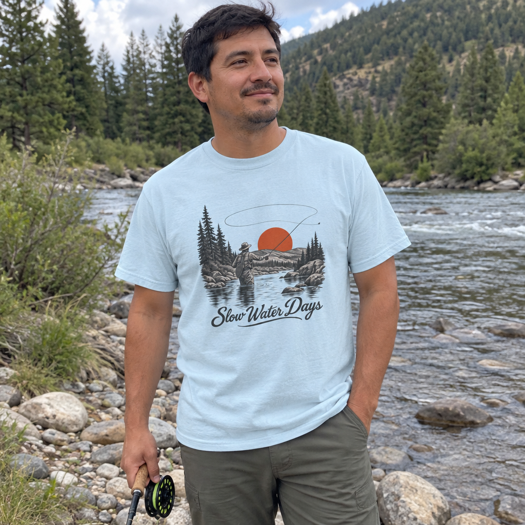 Man wearing the light blue Slow Water Days t-shirt on a riverbank with a fly rod