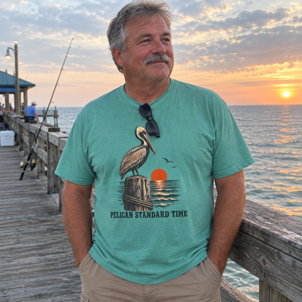 Man wearing the seafoam Pelican Standard Time t-shirt on a fishing pier at sunset