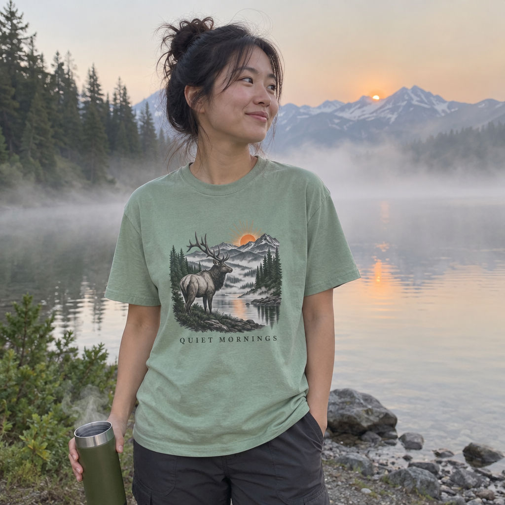 Woman wearing the sage green Quiet Mornings t-shirt by a misty mountain lake at sunrise