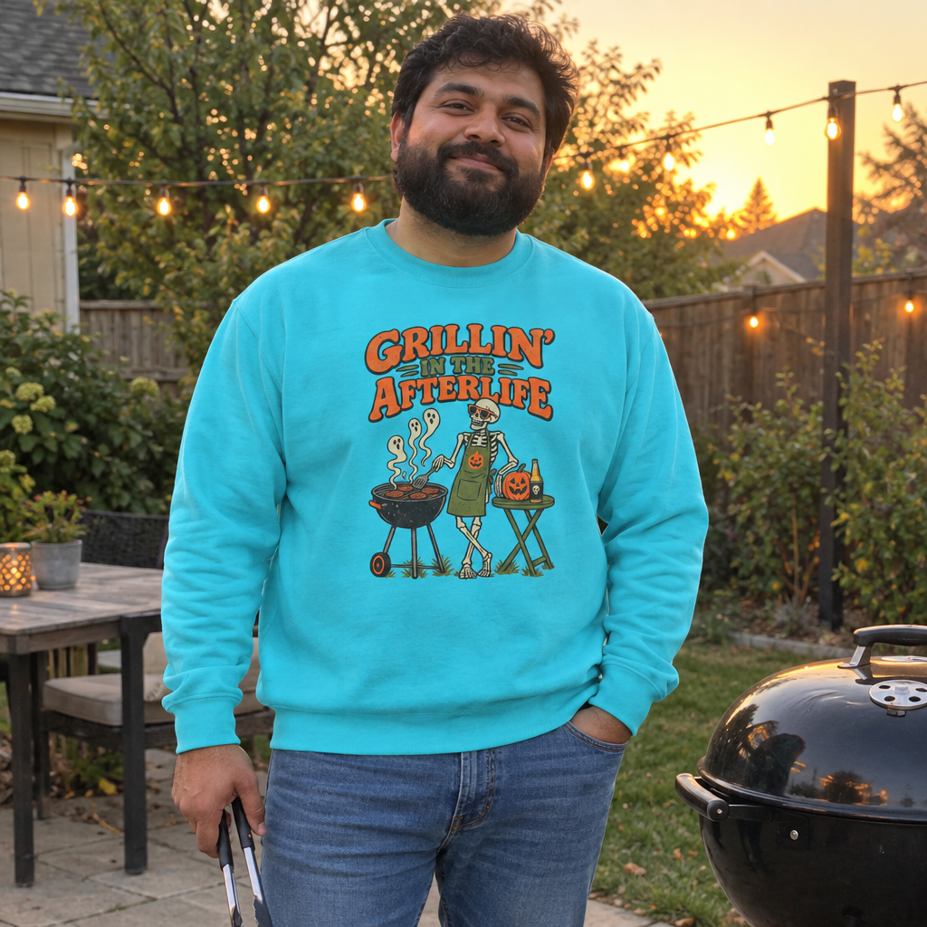 Man wearing the lagoon blue Grillin' in the Afterlife sweatshirt on his backyard patio by the grill