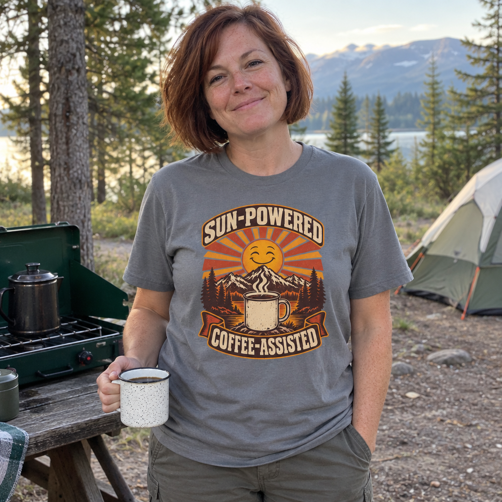 Woman wearing the grey Sun-Powered, Coffee-Assisted t-shirt at a campsite with her camp mug