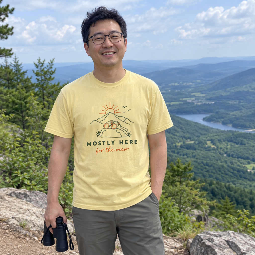 Man wearing the butter yellow Mostly Here for the View t-shirt at a mountain overlook
