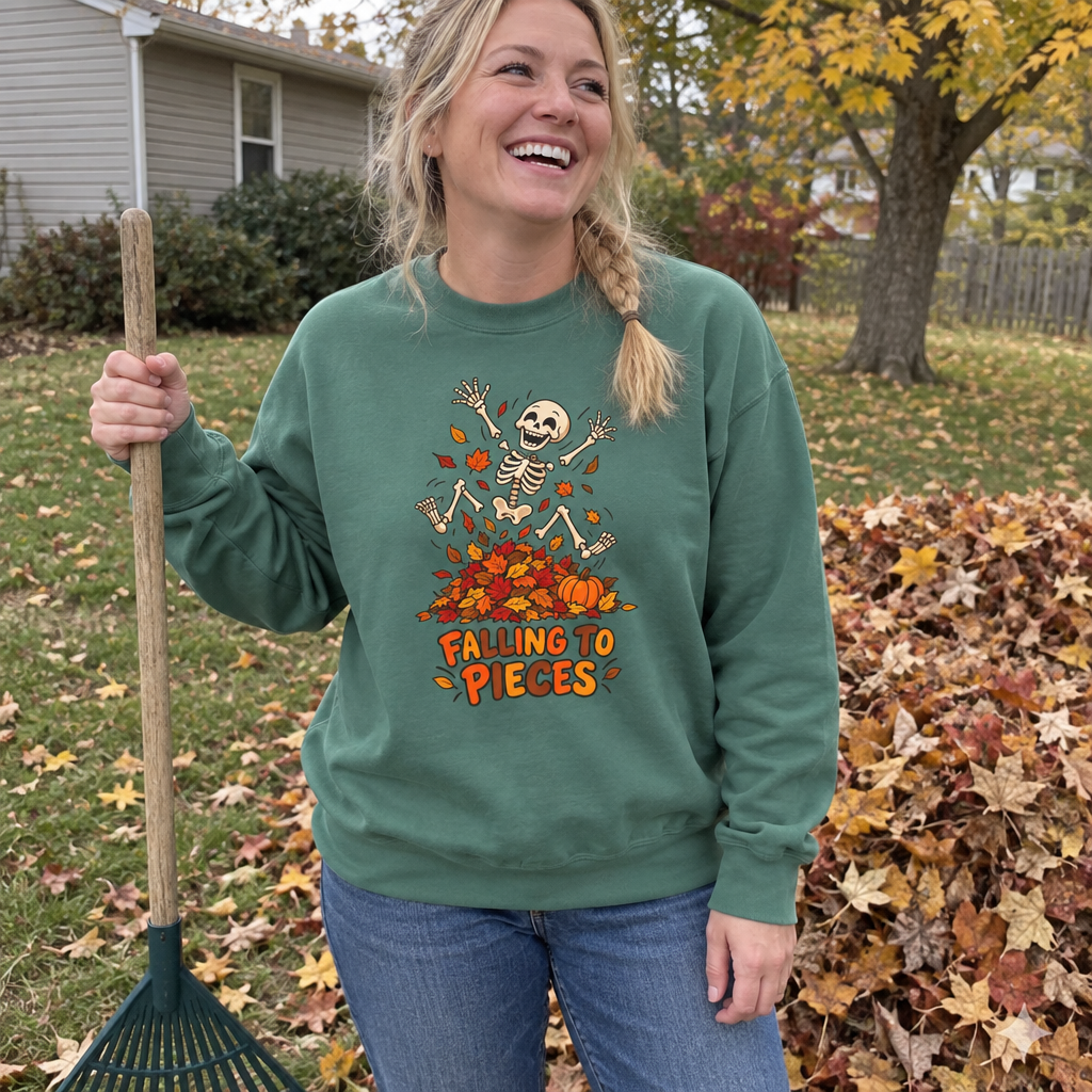Woman wearing the green Falling to Pieces sweatshirt raking fall leaves in the yard