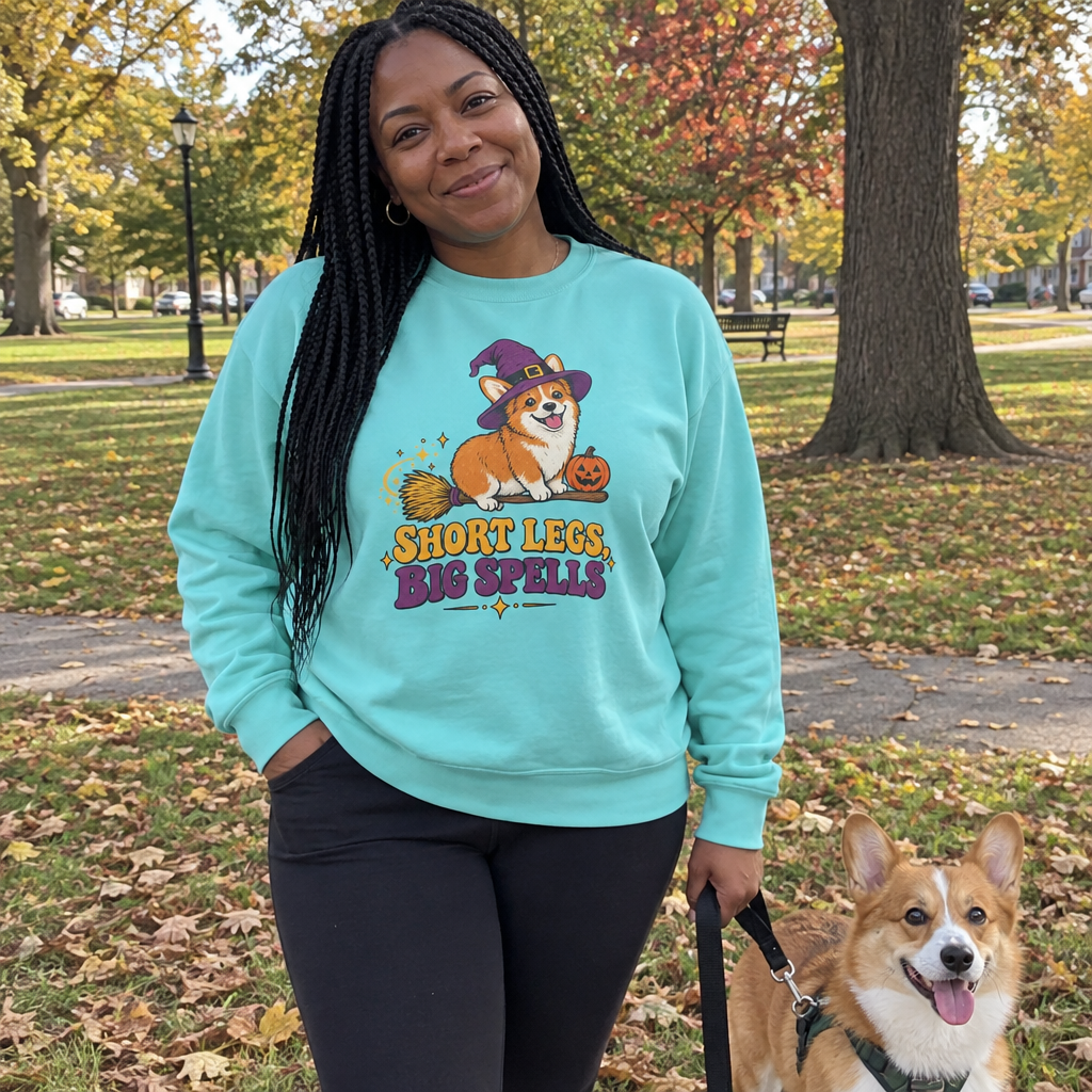 Woman wearing the Chalky Mint Short Legs, Big Spells sweatshirt in the park with her corgi