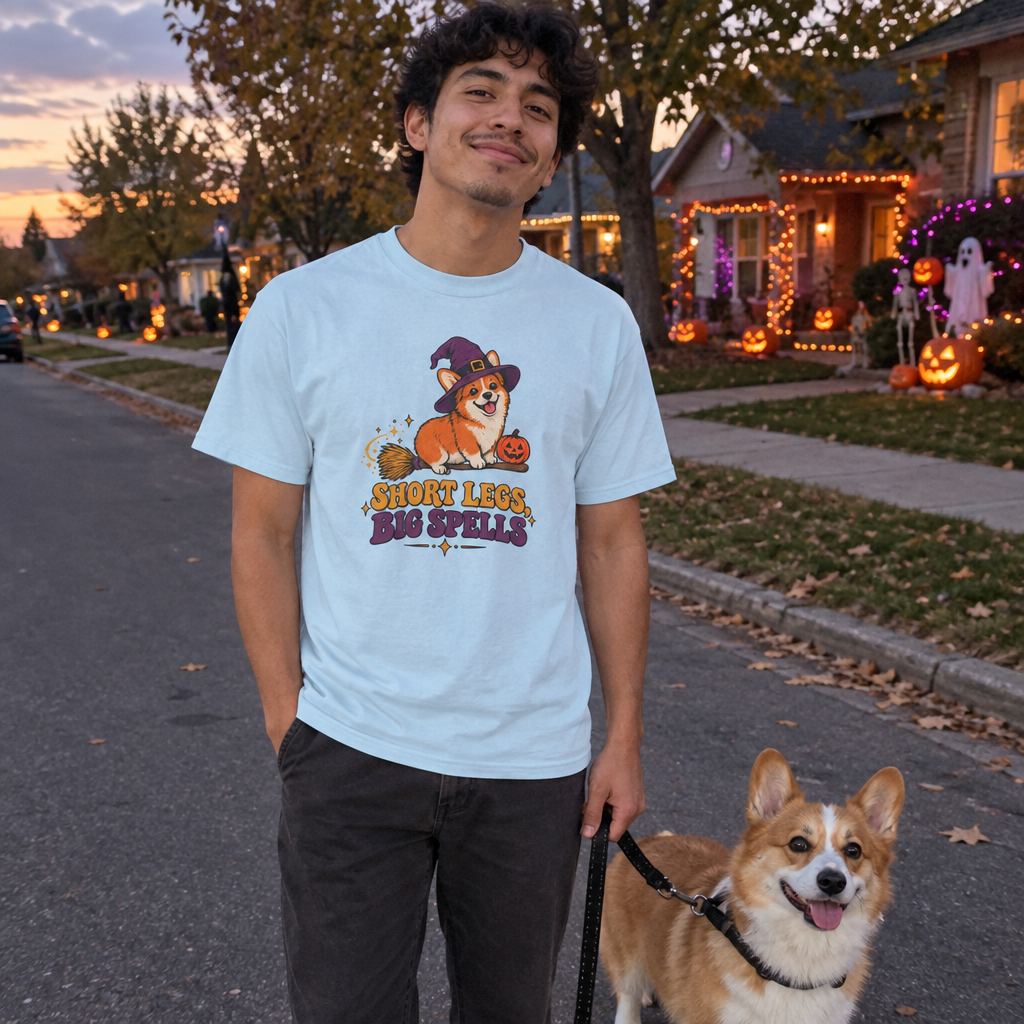 Man wearing the Chambray Short Legs, Big Spells t-shirt on a Halloween street at dusk with his corgi