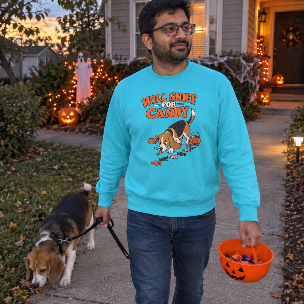 Man wearing the turquoise Will Sniff for Candy sweatshirt walking his beagle on Halloween night