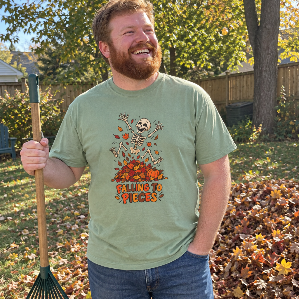Man wearing the sage green Falling to Pieces t-shirt raking leaves in the backyard