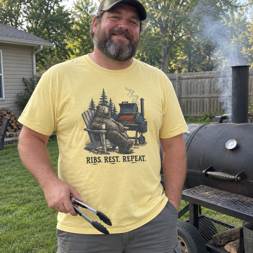 Man wearing the butter yellow Ribs. Rest. Repeat. t-shirt next to his backyard smoker
