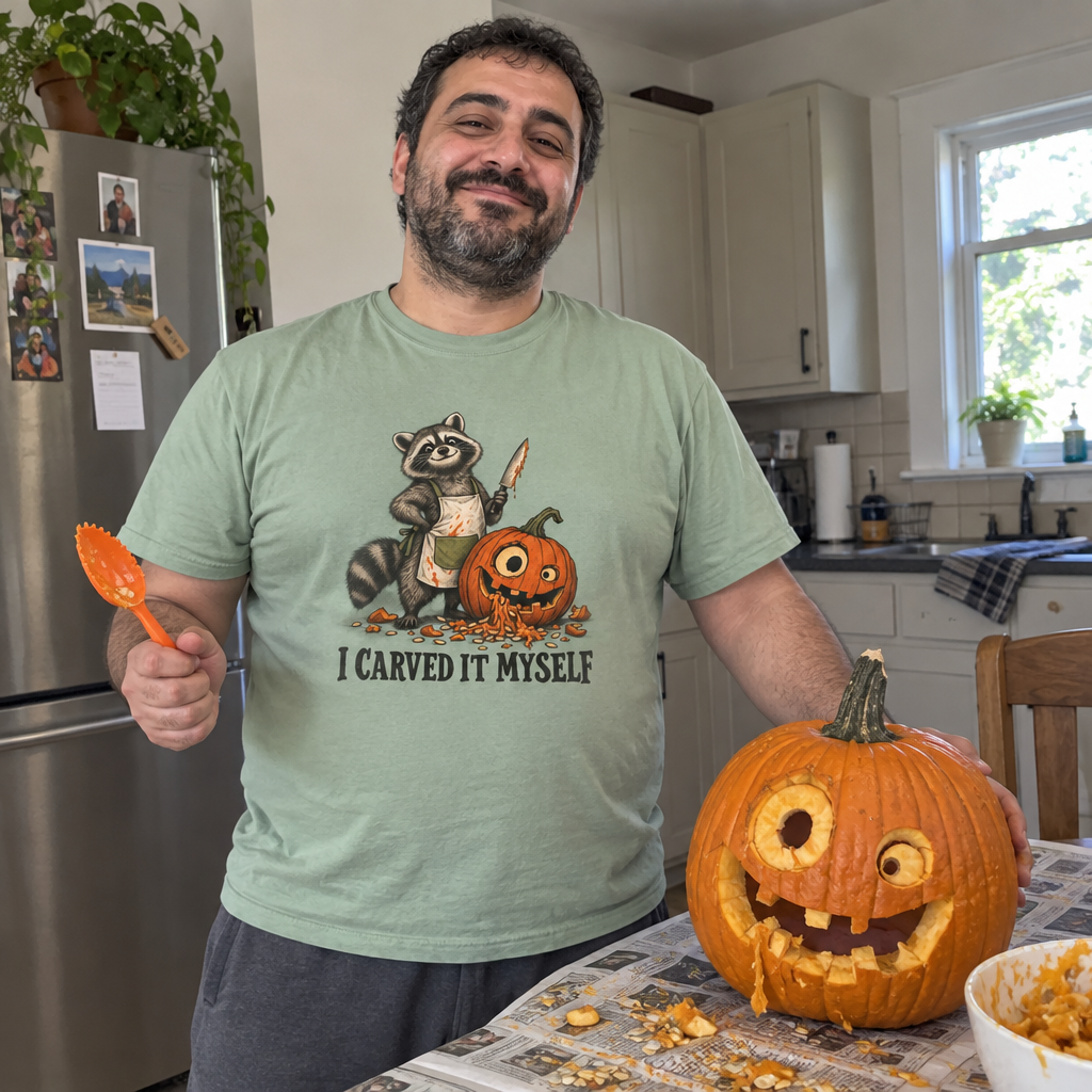 Man wearing the sage green I Carved It Myself t-shirt in the kitchen with his jack-o'-lantern