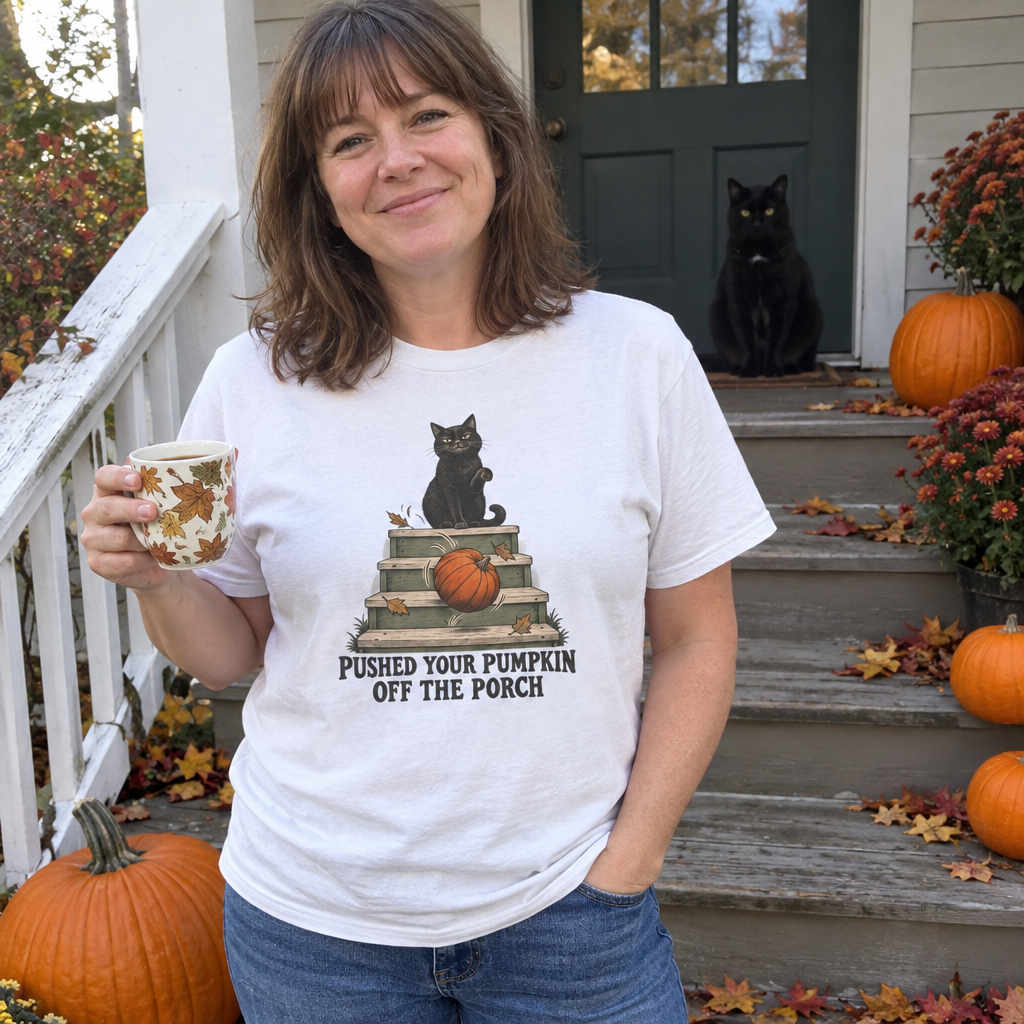Woman wearing the white Pushed Your Pumpkin Off the Porch t-shirt on fall porch steps with a black cat