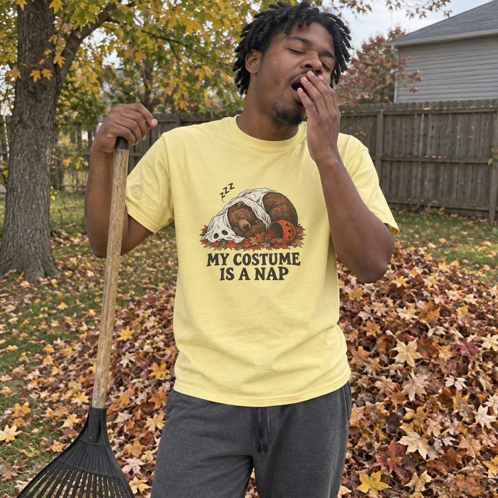 Man wearing the butter yellow My Costume Is a Nap t-shirt raking fall leaves in the backyard