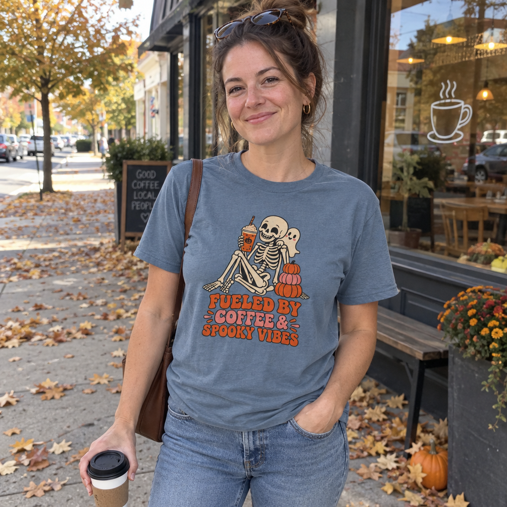 Woman wearing the blue Fueled by Coffee & Spooky Vibes t-shirt outside a coffee shop