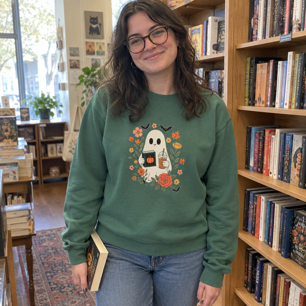 Woman wearing the green Ghost Book Club sweatshirt in a bookstore