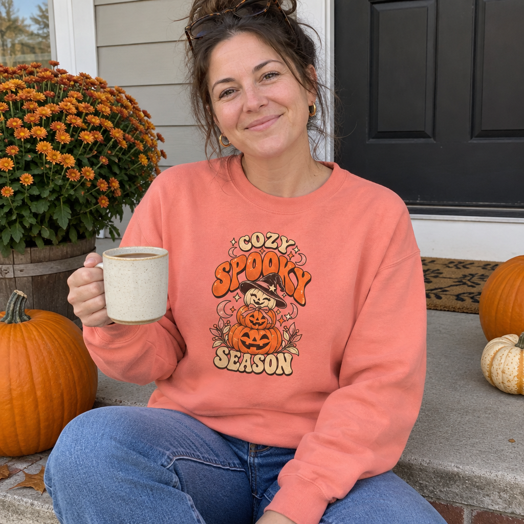 Woman wearing the coral Cozy Spooky Season sweatshirt on a porch with cider