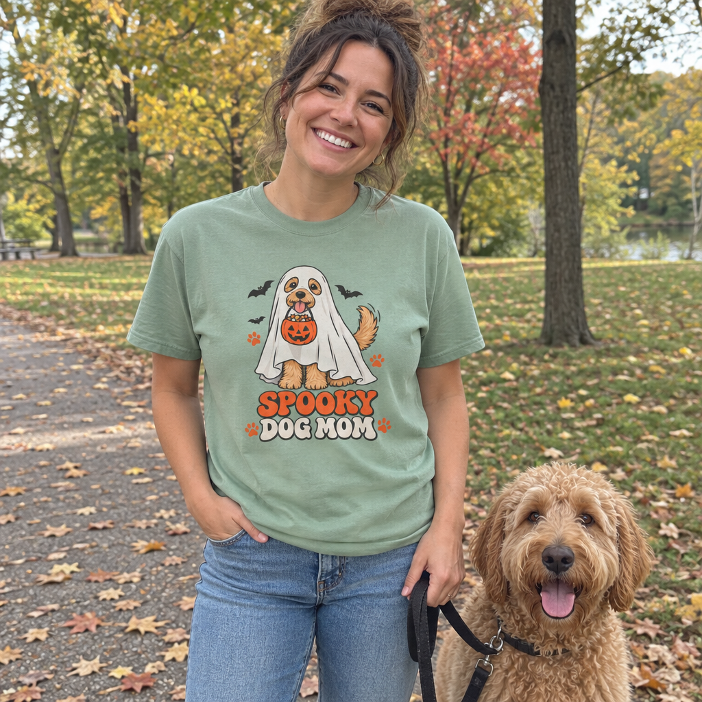 Woman wearing the sage Spooky Dog Mom t-shirt in the park with her goldendoodle