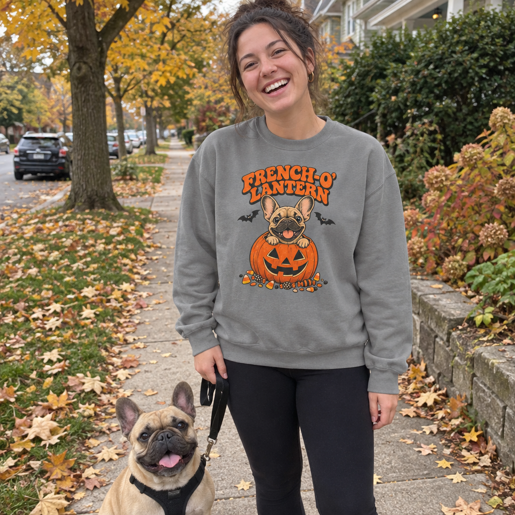Woman wearing the grey French O Lantern sweatshirt walking her French bulldog