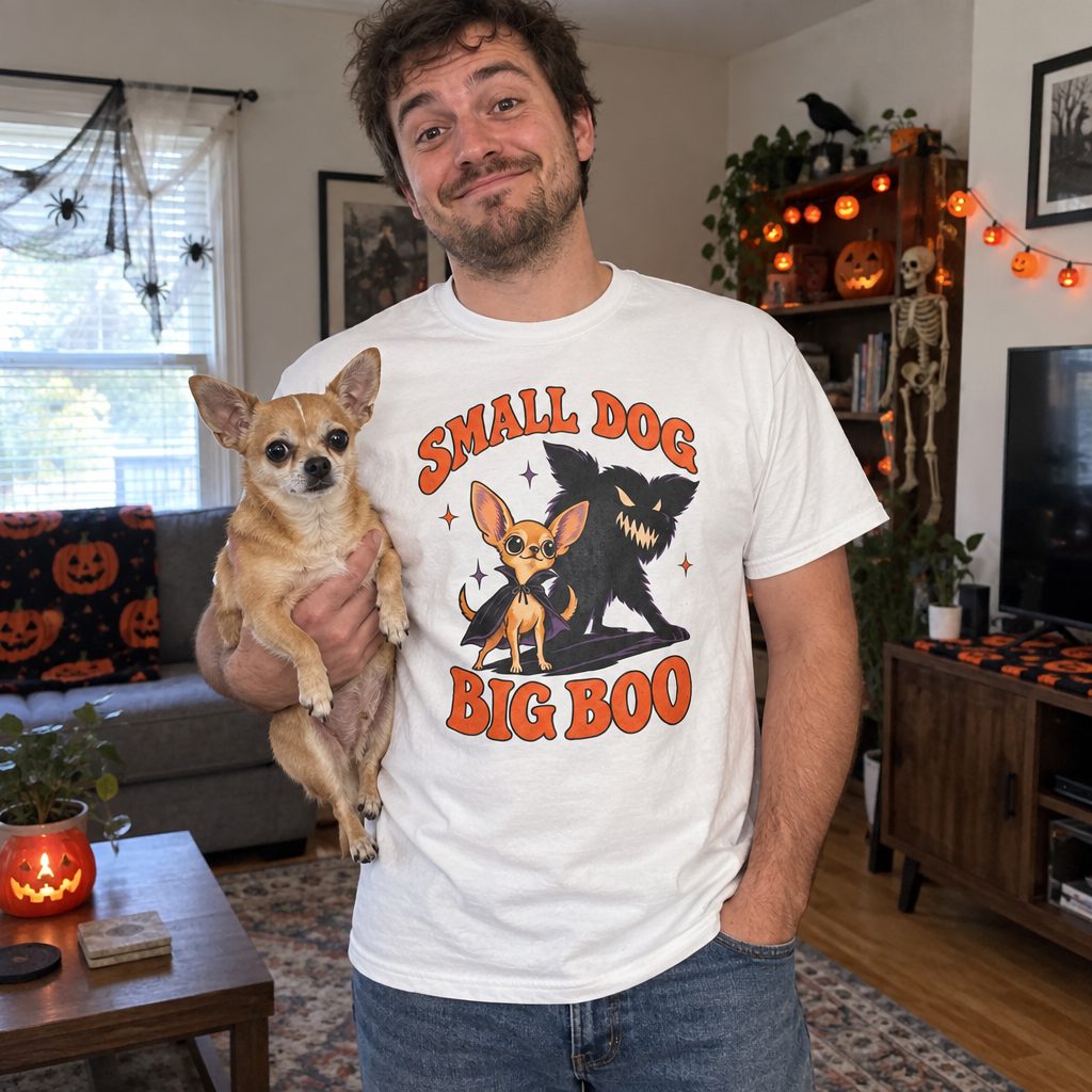 Man wearing the white Small Dog, Big Boo t-shirt holding his Chihuahua