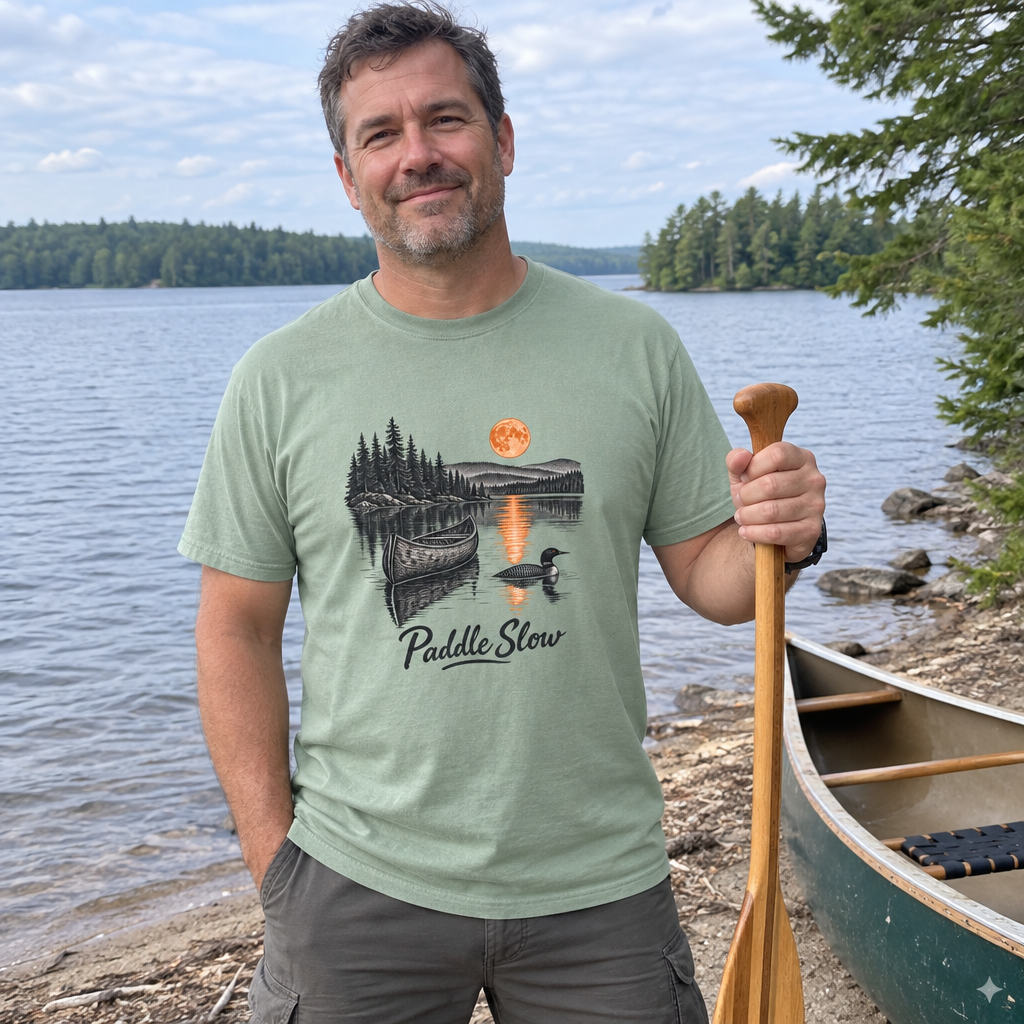 Man wearing the sage Paddle Slow t-shirt on a lake shore with a canoe paddle