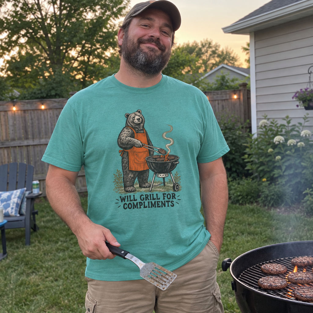 Man wearing the seafoam Will Grill for Compliments t-shirt at his backyard grill