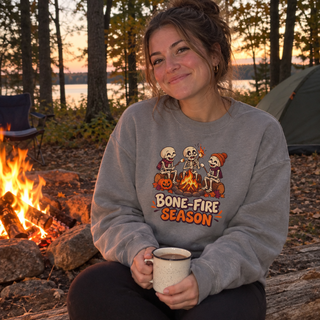 Woman wearing the grey Bone-Fire Season sweatshirt by a campfire