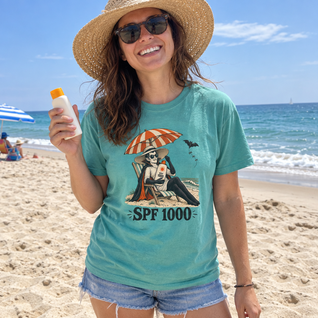 Woman wearing the seafoam SPF 1000 t-shirt on the beach with sunscreen