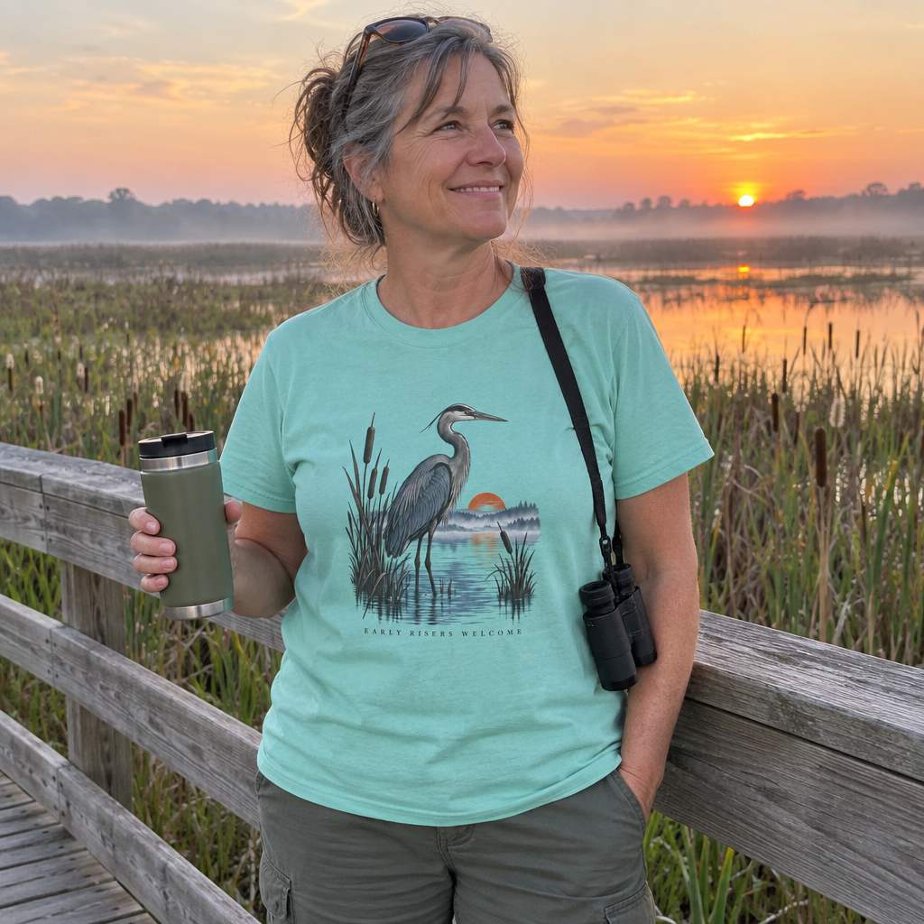 Woman wearing the mint Early Risers Welcome t-shirt on a marsh boardwalk at sunrise