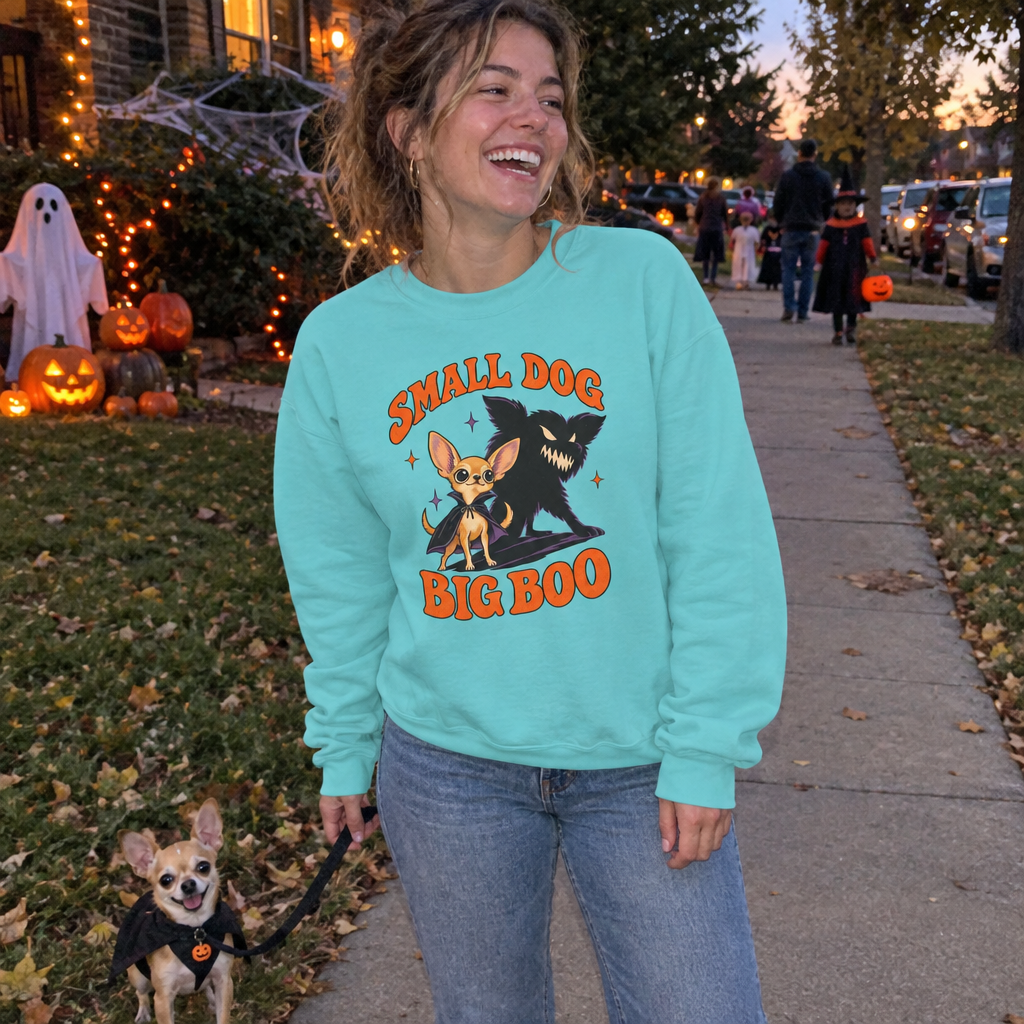 Woman wearing the aqua Small Dog, Big Boo sweatshirt walking her Chihuahua on Halloween night
