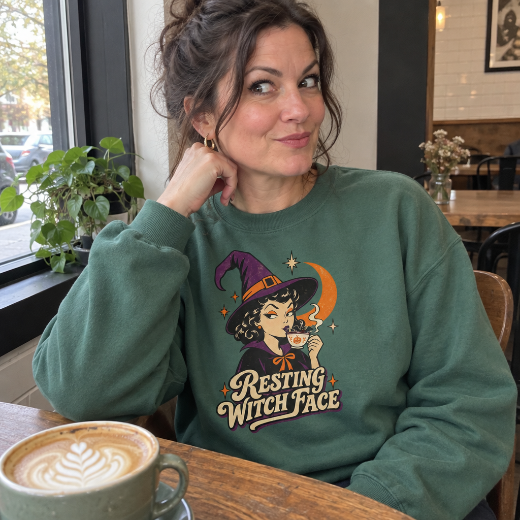 Woman wearing the green Resting Witch Face sweatshirt at a cafe