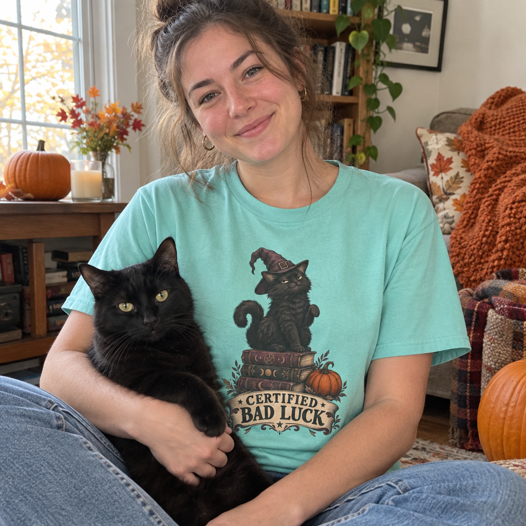Woman wearing the Certified Bad Luck T-Shirt holding her black cat