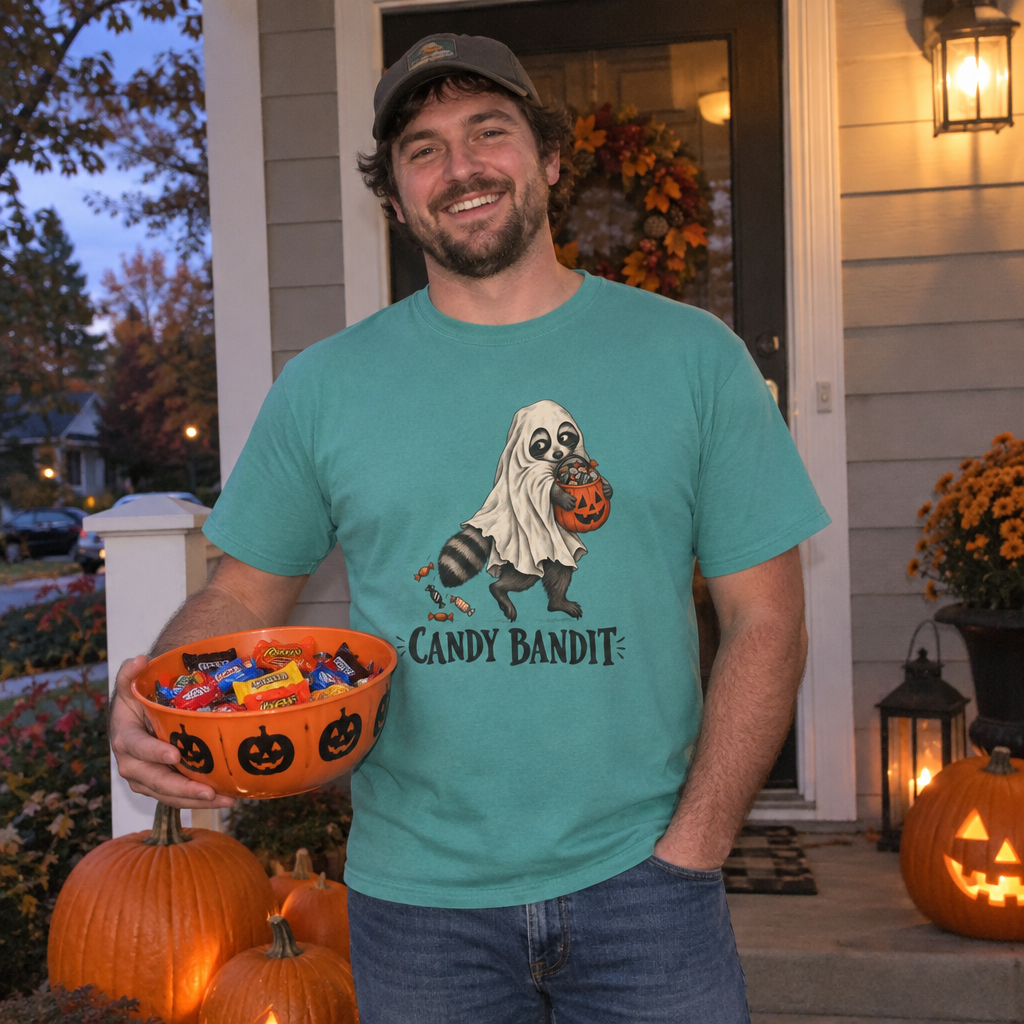 Man wearing the Candy Bandit T-Shirt on a Halloween porch