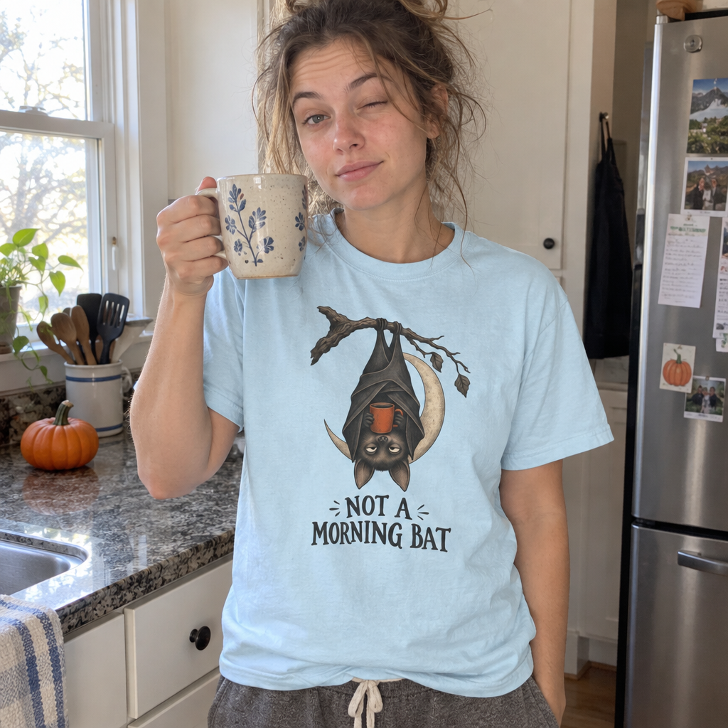 Person wearing the Not a Morning Bat T-Shirt holding coffee