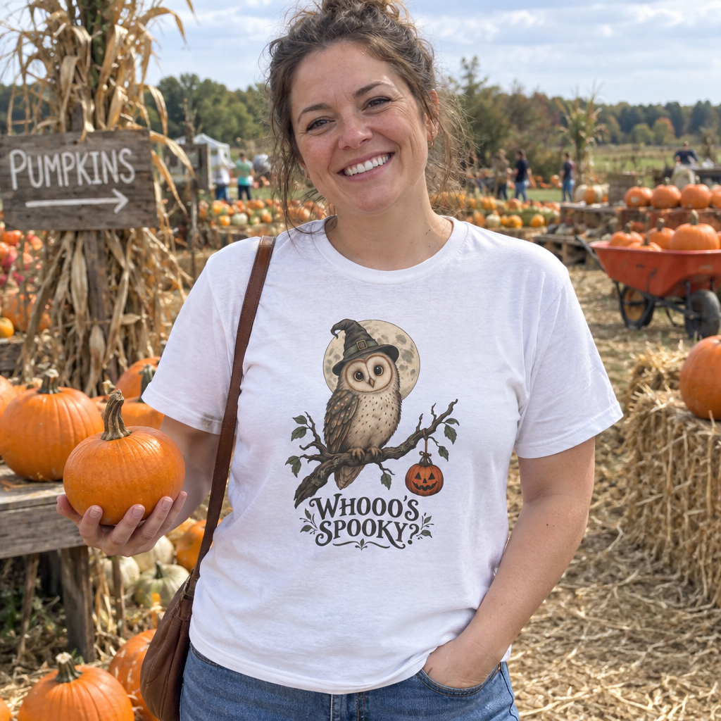 Woman wearing the Whooo's Spooky? T-Shirt at a pumpkin patch