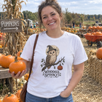 Woman wearing the Whooo's Spooky? T-Shirt at a pumpkin patch