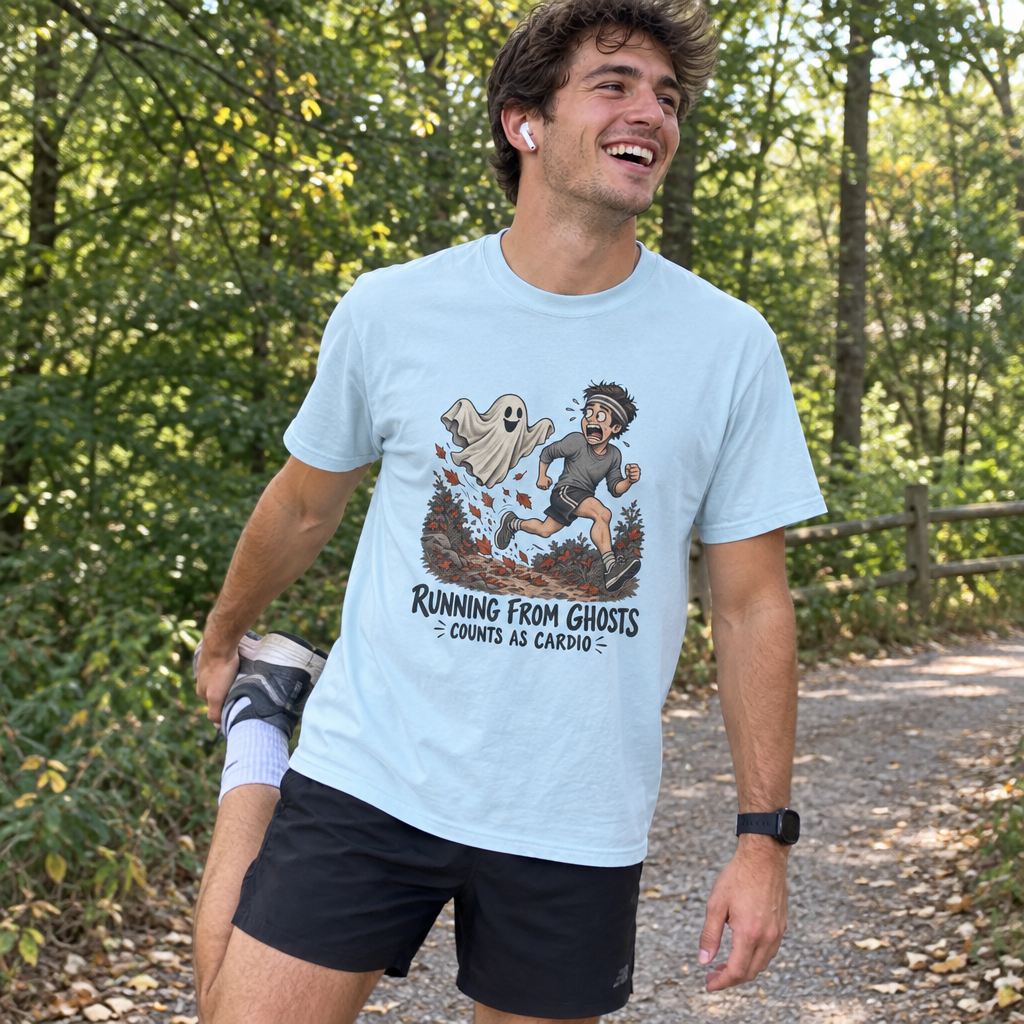 Man wearing the Running From Ghosts Counts as Cardio T-Shirt on a trail