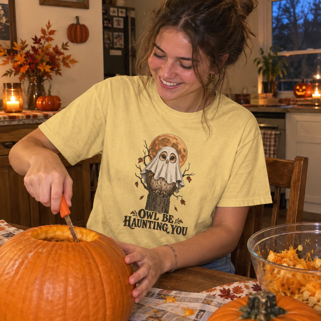 Woman wearing the Owl Be Haunting You T-Shirt carving a pumpkin