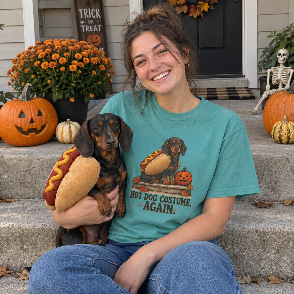 Woman wearing the Hot Dog Costume. Again. T-Shirt with her dachshund