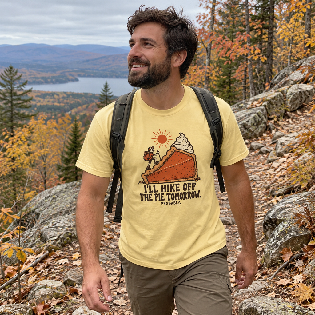 Man wearing the Hike Off the Pie T-Shirt on a fall trail