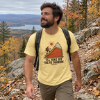 Man wearing the Hike Off the Pie T-Shirt on a fall trail