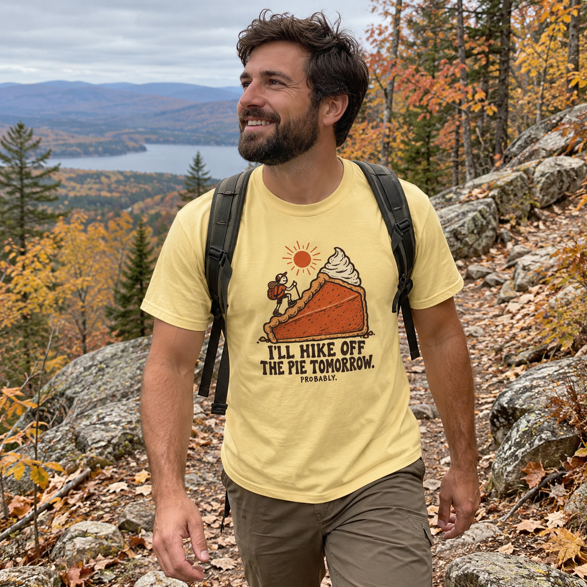 Man wearing the Hike Off the Pie T-Shirt on a fall trail
