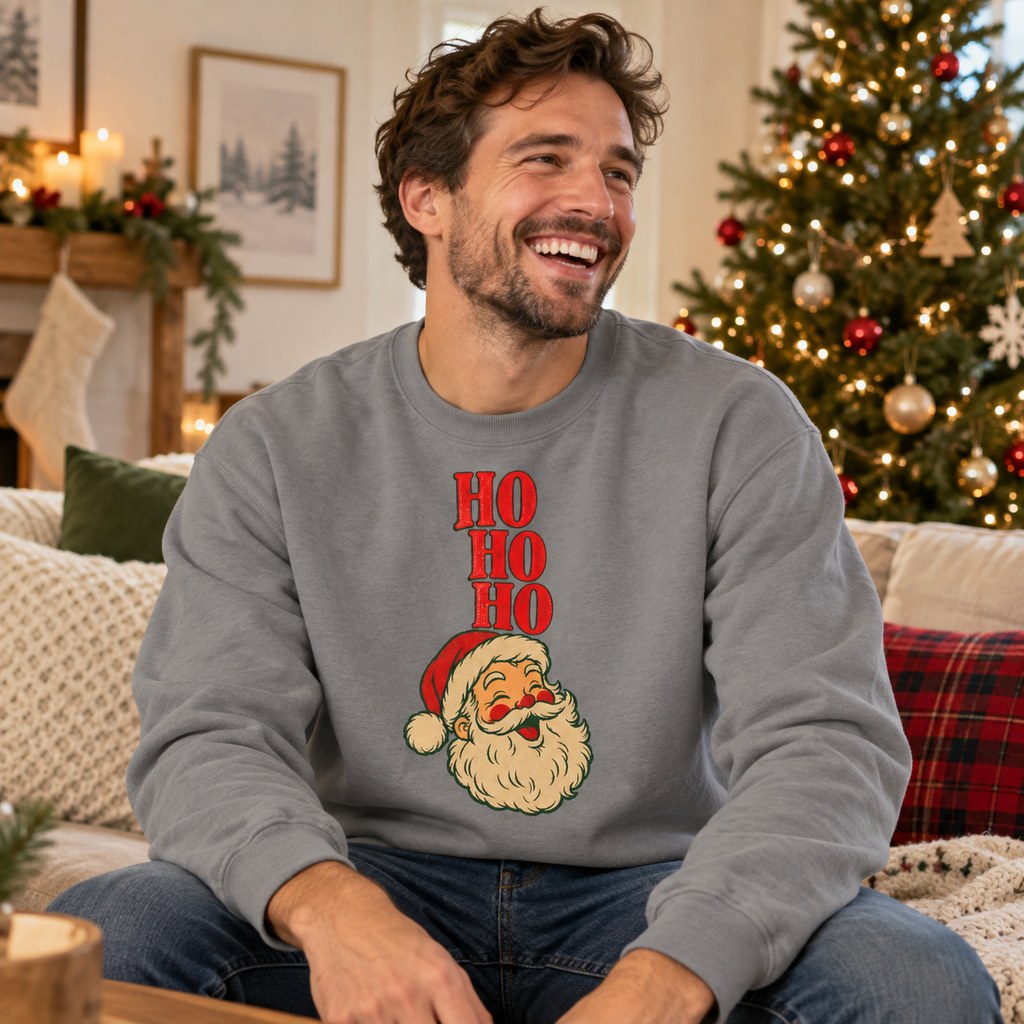 Ho Ho Ho Sweatshirt worn in a casual Christmas photo