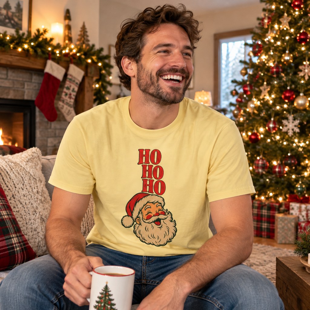 Ho Ho Ho T-Shirt worn in a casual Christmas photo