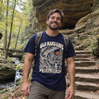 Man wearing the Old Man's Cave T-Shirt in a wooded gorge