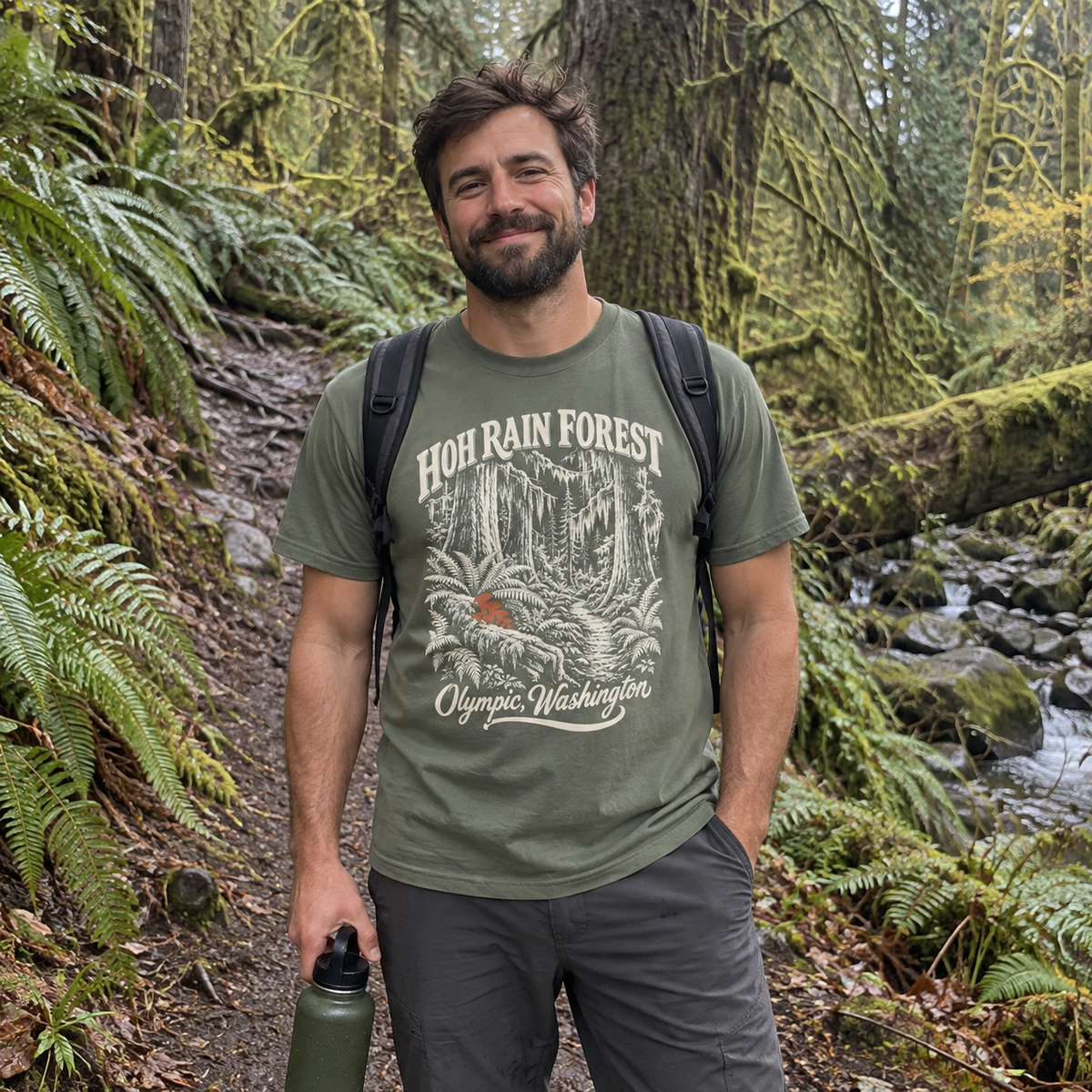 Man wearing the Hoh Rain Forest T-Shirt on a mossy trail